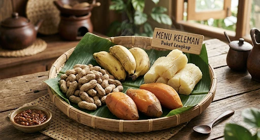 Visual paket Keleman dari pemilik berupa pilihan pisang, kacang, singkong, dan umbi dalam tampah