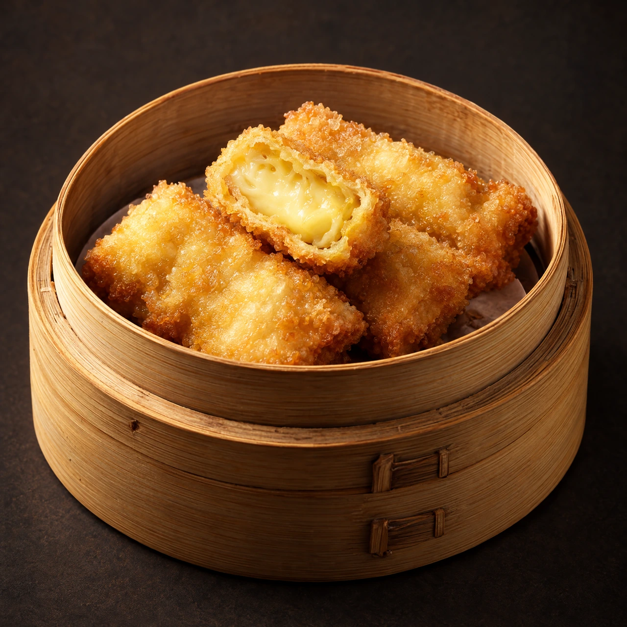 Dimsum Goreng Keju sebagai satu sajian, dari materi menu pemilik yang dirapikan menggunakan AI